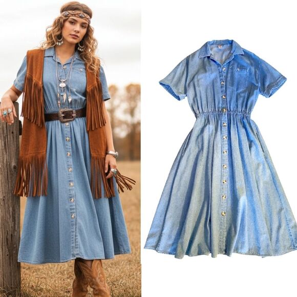 VTG 90s Blue Denim Button Front Short Sleeve Jean Midi Dress SZ Medium - Picture 4 of 13